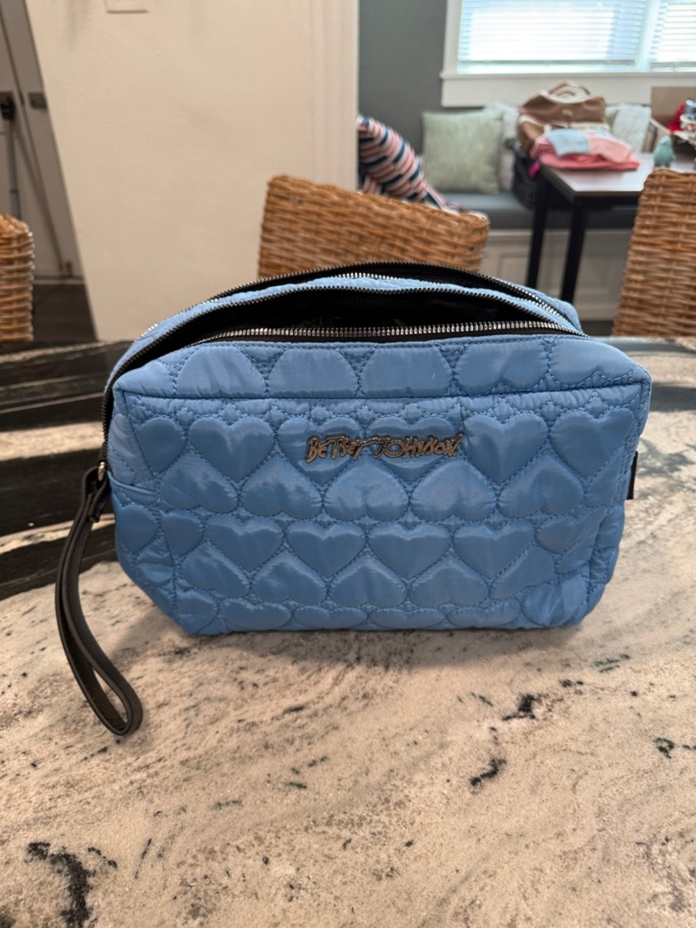 Betsey Johnson Baby Blue Quilted Heart Cosmetic Wristlet